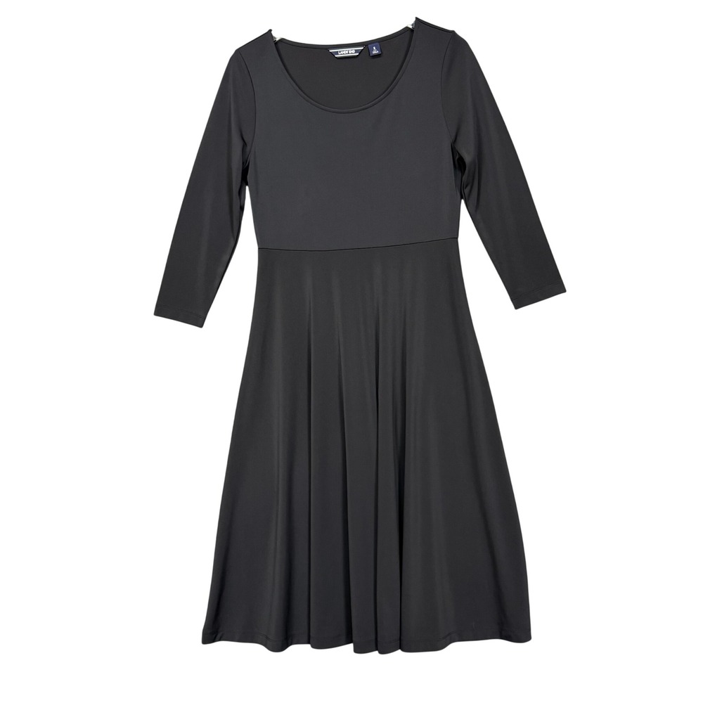 Lands End Dress Womens S 6-8 Black Scoop Neck Fit & Flare 3/4 Sleeve Jersey Knit